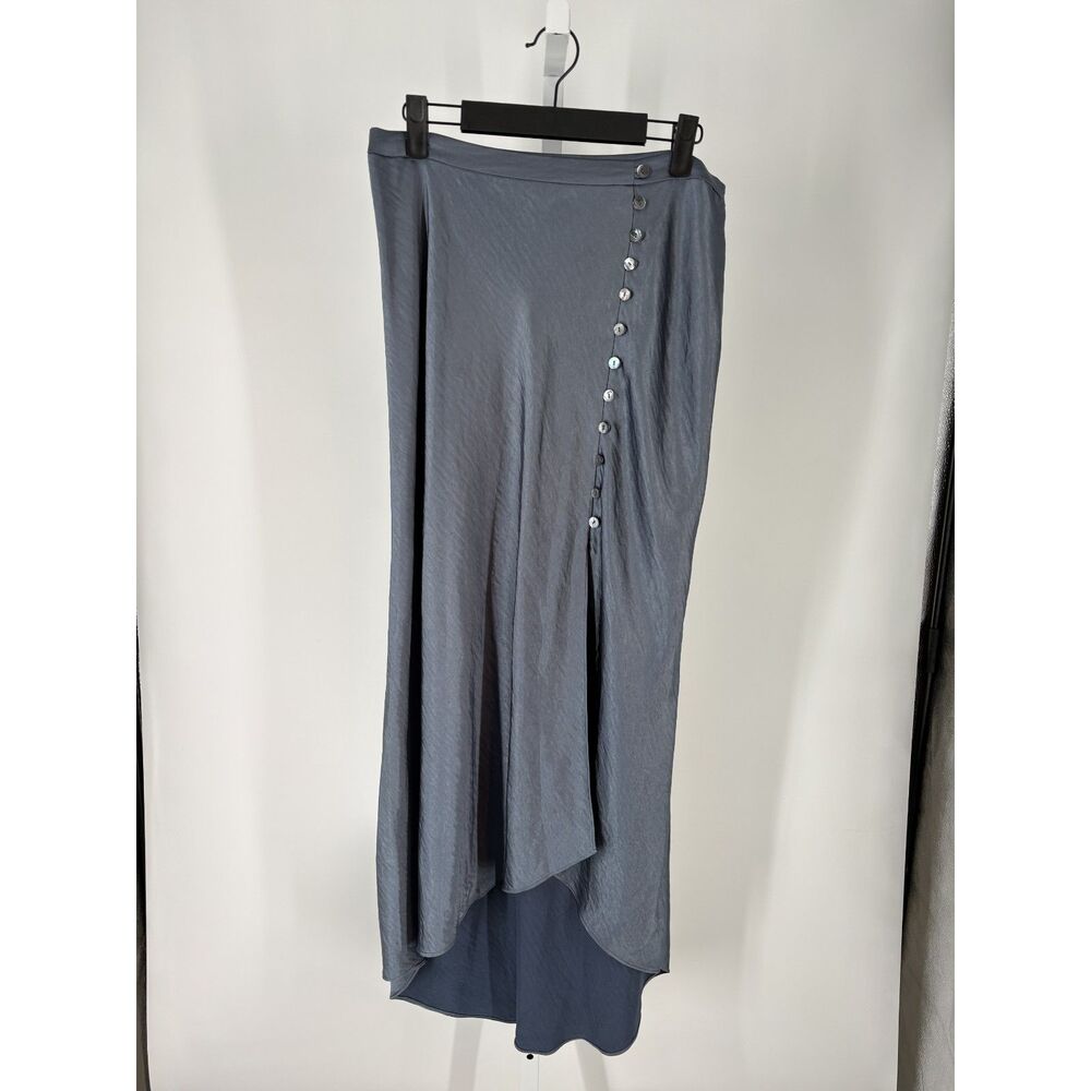 NWTs LPA Blue Satin High Low Wrap Skirt Button Front Flowy Elegant